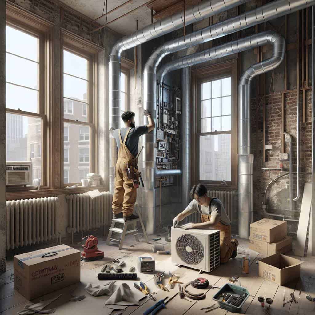 Installing central air conditioning in apartment.